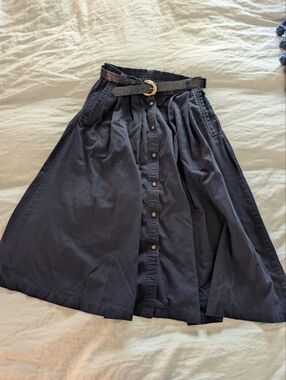 Vintage 90s Karen Scott Navy Cotton Button Front Midi Skirt with Belt - Sz 12